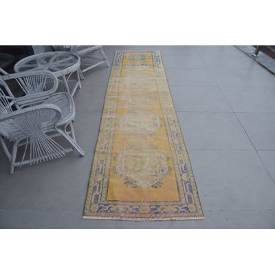 Handmade Vintage Turkish Runner Rug with Bohemian Floral Design