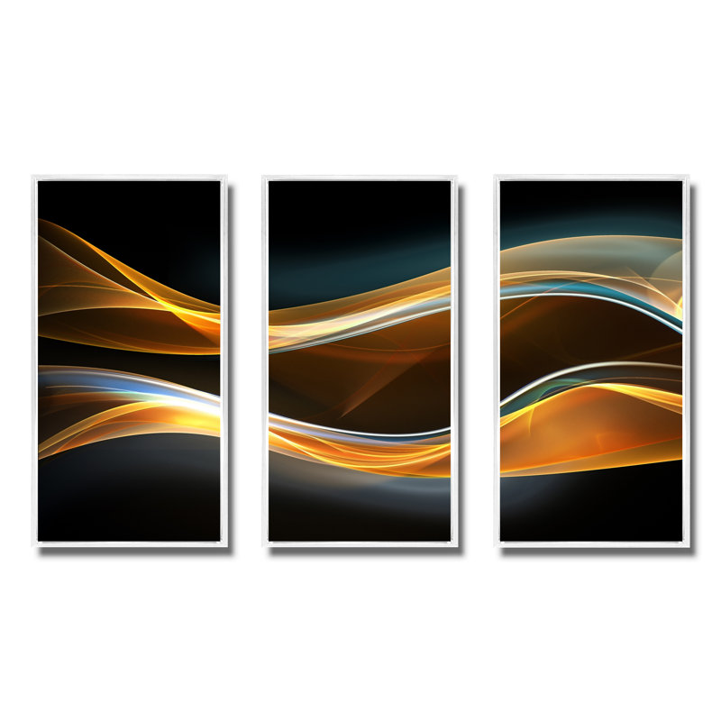 Vagues 3D dorées en noir - ensemble de 3 toiles abstraites encadrées, H 28 po x l 36 po x P 1 po, Cadre blanc
