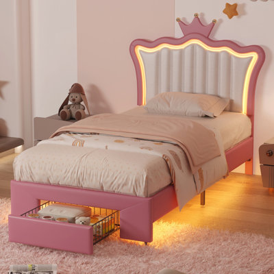 Lit simple, cadre de lit tapissier de style princesse, tête de lit couronne avec éclairage DEL et tiroirs de rangement réglables, aucun matelas à ressorts requis