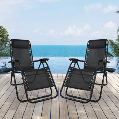 Zero Gravity Chair Patio Folding Lawn Outdoor Lounge Gravity Camp Reclining Lounge Chair With Cup Holder Pillows by Arlmont & Co.
