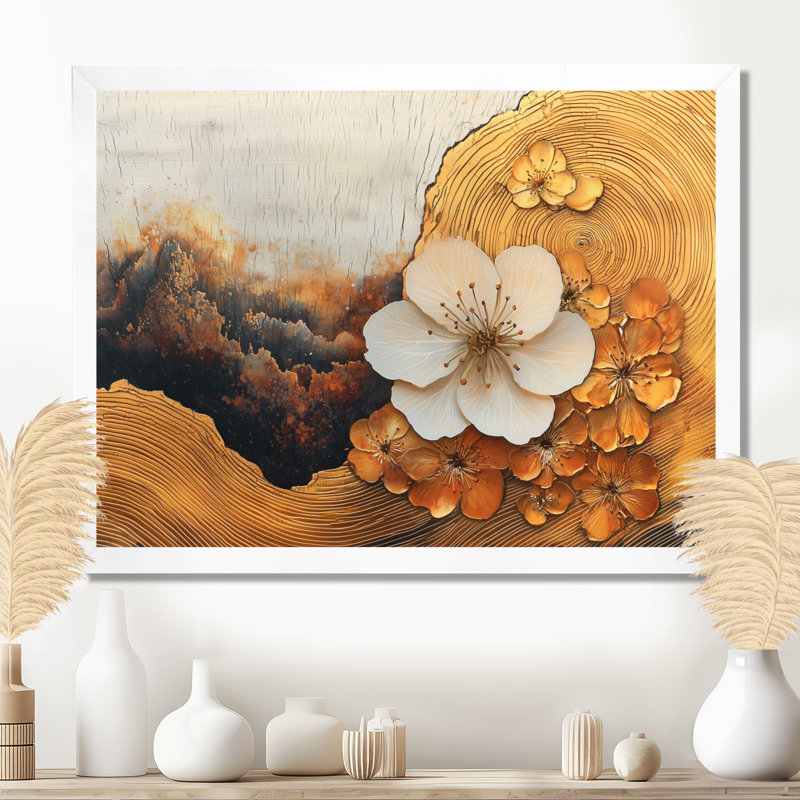 Fleur de pommier de Coggeshall dans une rivière à encre jaune - Art mural fleur de pommier, H 34 po x l 44 po, Avec cadre