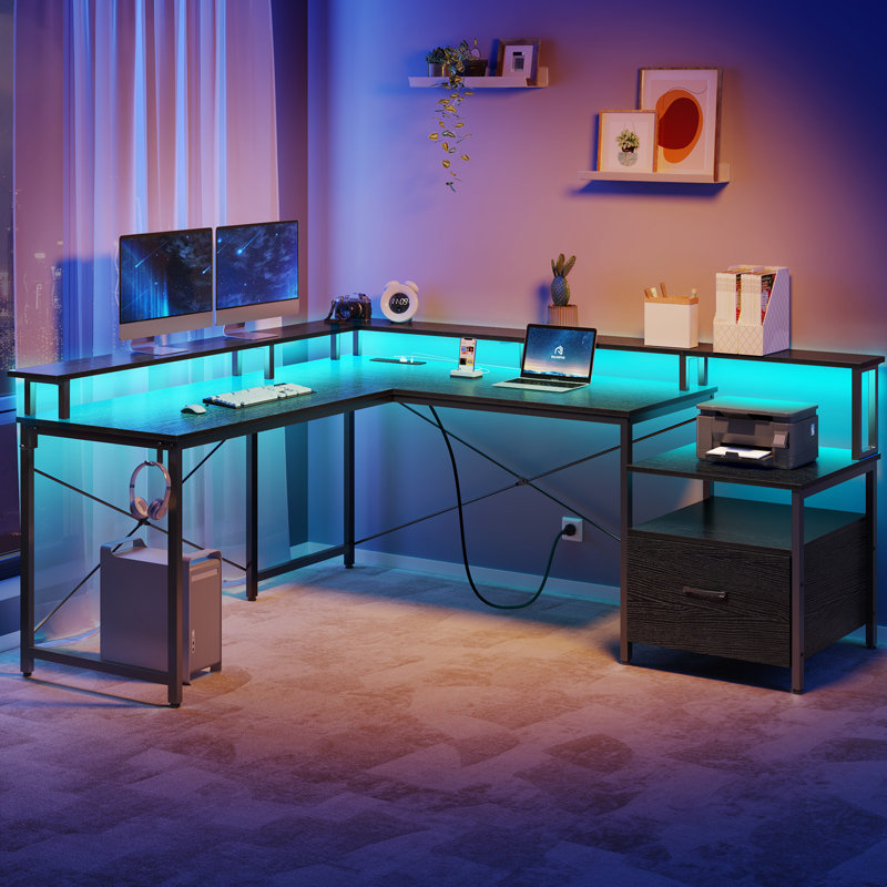 Kurtiss 68" L Shaped Computer Desk with File Drawer with Power Outlet & LED Strip, Black