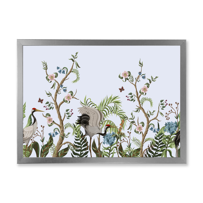 Bordure avec grues et pivoines dans un style chinois - peinture sur toile, H 16 po x l 32 po x p 1 po, Cadre photo argenté