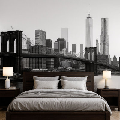 Brooklyn Bridge Wall Mural – NYC Skyline Black White Wallpaper, Modern City Art Vn886 (Peel-N-Stick) VN886