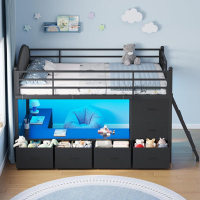 Low Kids Loft Bed With Storage Drawers, Upholstered Headboard & App Controlled Rgb Led Lights, Metal Playhouse Loft Bed With Side Ladder For Children Bedroom，Black
