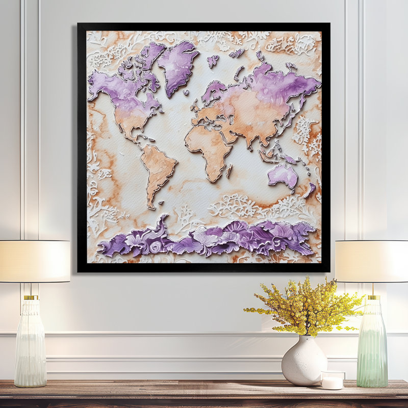 Décoration murale carte du monde lavande II - carte du monde, Reproduction encadrée d'une seule photo sans pass, Noir