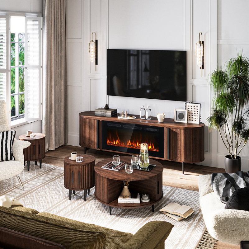 70" Fireplace Tv Stand And Coffee Table Set With Hidden Storage: Flip-top Lid & Sliding Doors, Brown
