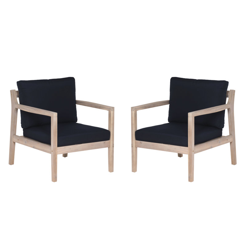 Chaise d'extérieur en bois d'acacia avec coussins Amina, Bleu marine (performance)