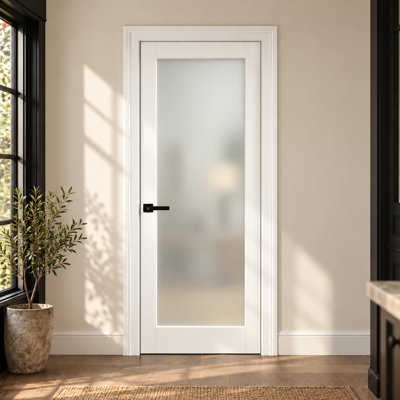 Porte intérieure démontable avec cadre, 5 carreaux en verre dépoli, préusinée avec poignée à clé noire