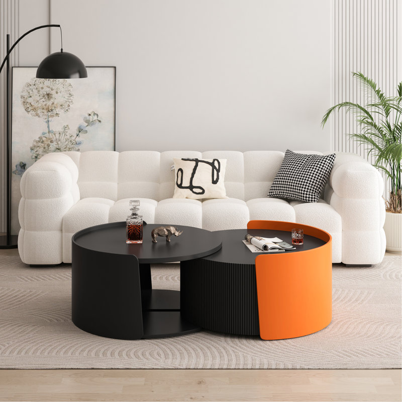 Table basse gigogne moderne avec plateau coulissant extensible, Noir / Orange