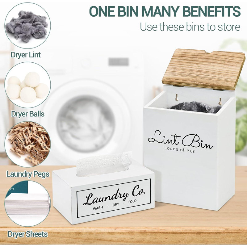 Lint Bin And Dryer Sheet Holder Set For Laundry Room, Farmhouse Wooden Lint Trash Can With Lid And Dryer Sheet Dispenser Box Magnetic For Mounting