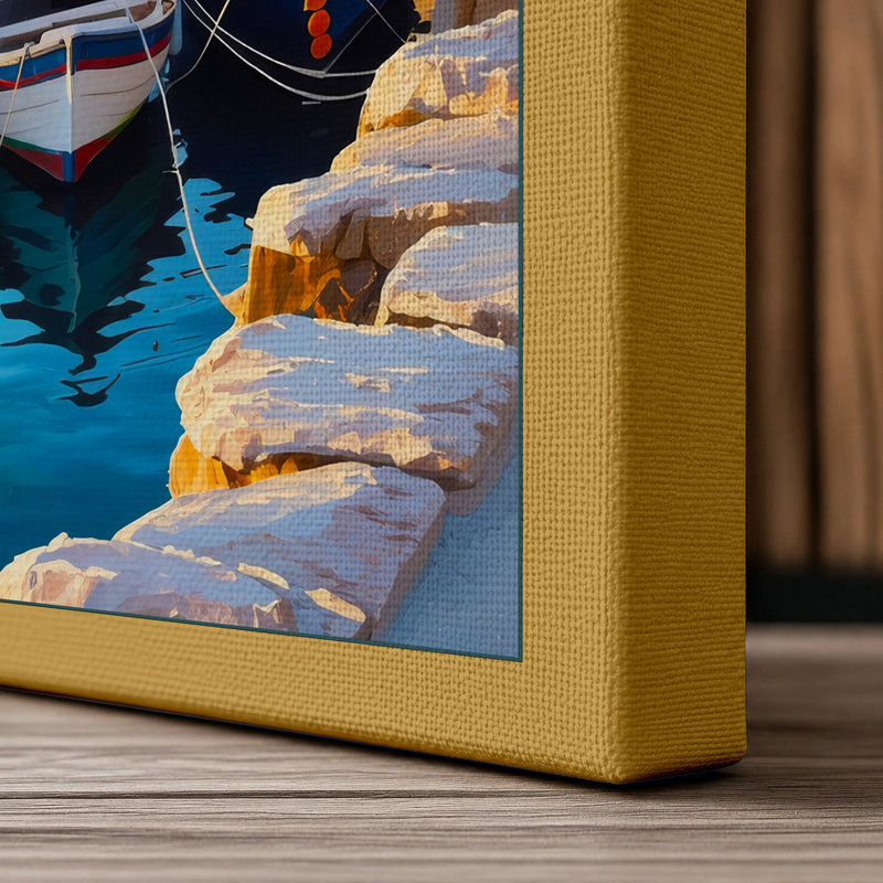 Fortress and Fishing Boats Coastal - Wrapped Canvas, 30x20 - 76.2 x 50.8 cm, Ochre Border