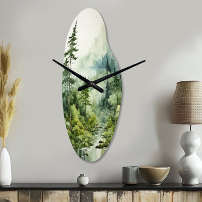 Forest Enigmatic Forest - Curved Forest Metal Wall Clock, Asymmetrical Wall Clock Print