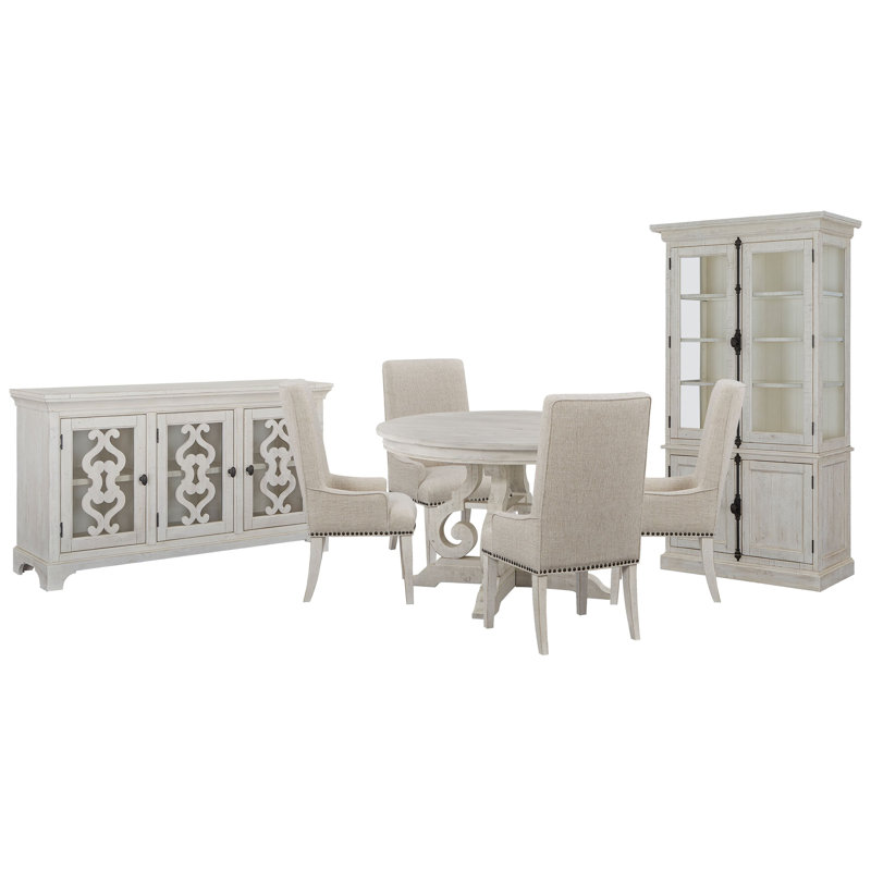 48" Round Dining Table With 4 Host Chairs Server And Dining Cabinet, 7 Pieces: Table, 4 Chairs, Server, Cabinet
