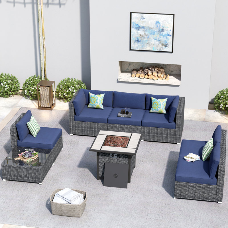 6 - Person Patio Conversation Set with Cushions, Blue