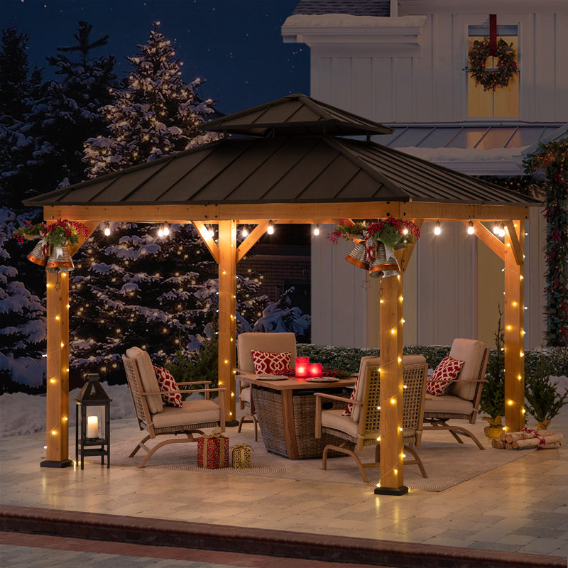 Sunjoy 11 ft. Black Steel Roof Cedar Wood Frame Gazebo