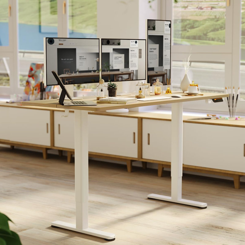 Bureau debout électrique à hauteur ajustable avec crochets, H 46,5 po x l 55 po x P 24 po, Nature / blanc