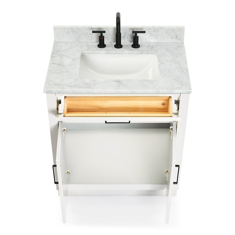 Jameal 30'' Solid Wood Single Bathroom Vanity with 0.75'' Carrara Marble Top, White, Rectangular