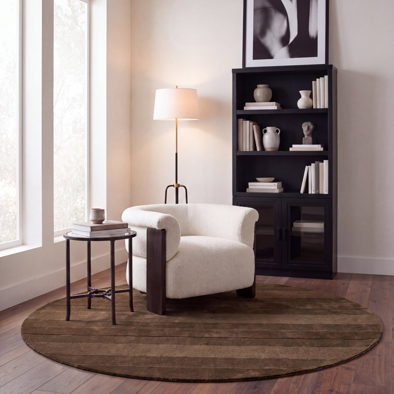 Tapis rayé en laine touffeté à la main Ebony 726, Round 6'