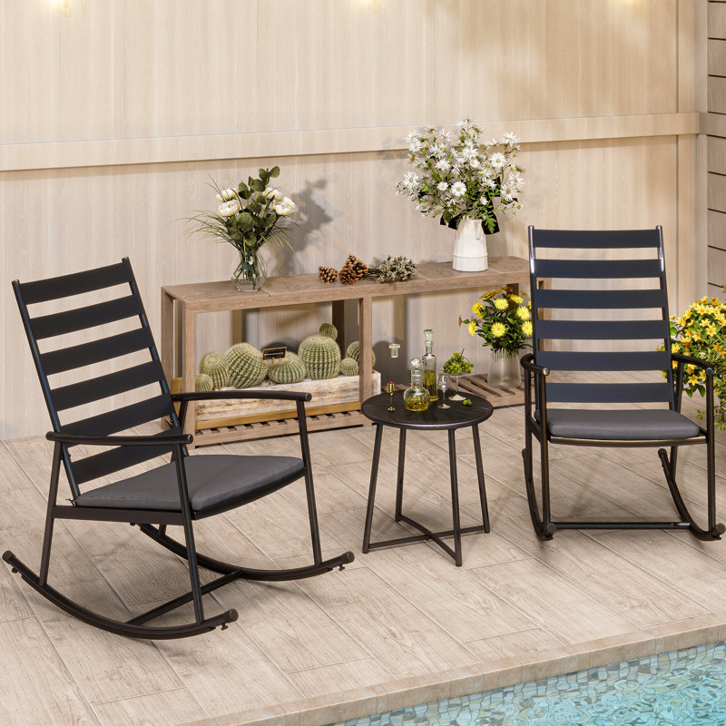 2 - Person Outdoor Rocking Wicker Conversation Set With Cushions, Gray/Black