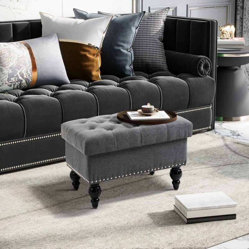 Repose-pieds avec rangement pour le salon, repose-pieds de rangement de 25 po avec couvercle amovible, banc en tissu capitonné pour repose-pieds et siège avec pieds en bois, gris