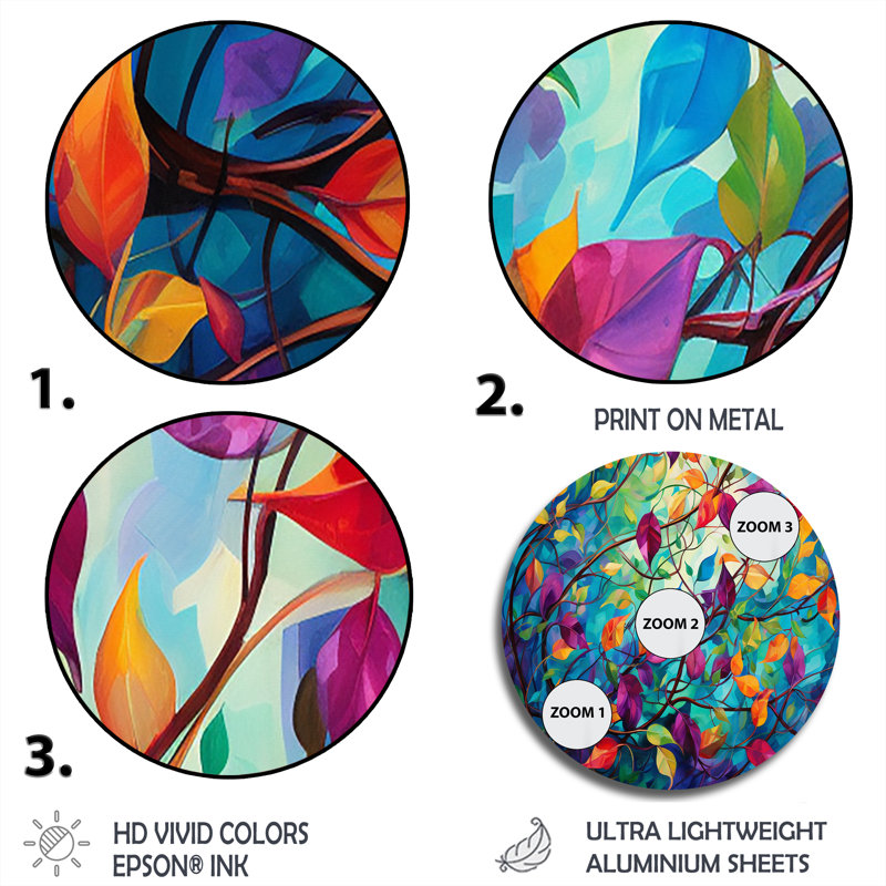 Multicolor Vibrant Vines I - Art abstrait rond en métal, H 36 po x l 36 po x P 1 po
