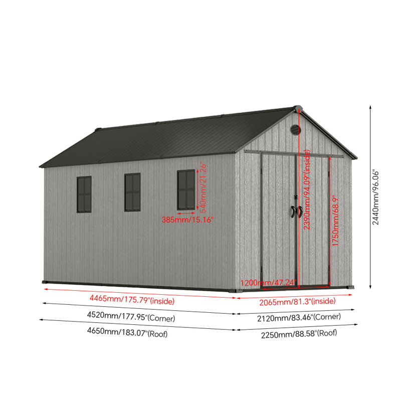 Gray wood-grain pointed-roof plastic tool shed