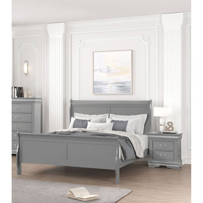 Gris de style traîneau 1pc grand lit meubles de chambre à coucher Louis Phillipe pieds de support en bois