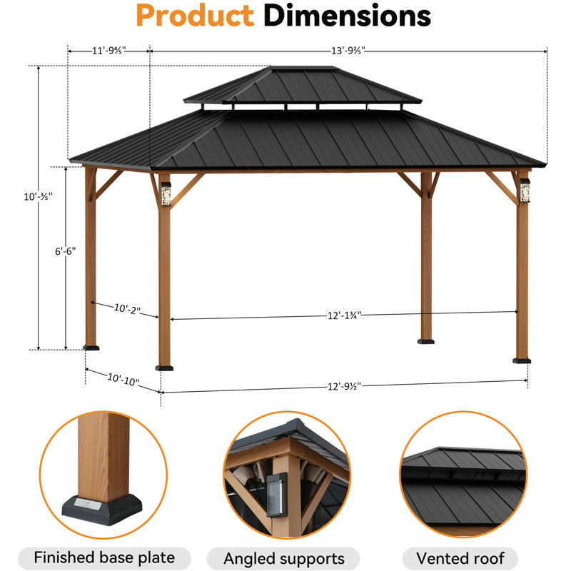 Hamilton 12' x 14' Hard Top Gazebo With Solar Self Powered LED Lights, Mosquito Netting And Canopy Hook, Wooden Grain