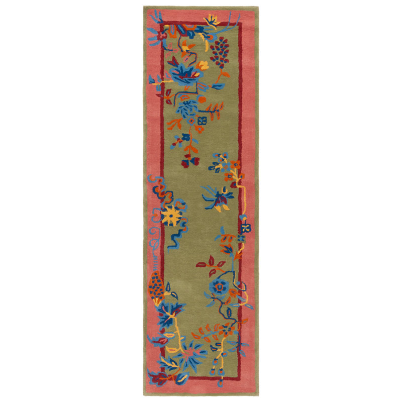 Tapis vert / rose en laine / coton touffeté à la main Anticur, Tapis de couloir 2 pi 3 po x 8 pi