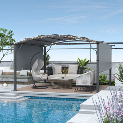 Pergola d'extérieur en aluminium 10 pi x 10 pi avec auvent légèrement arqué et abat-jour rétractable brun