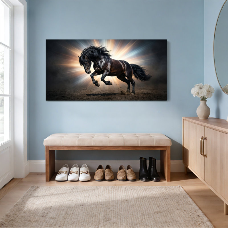 Ensemble de 1 tableau sur toile tendue représentant un cheval noir au galop sur fond lumineux, H 16 po x l 32 po