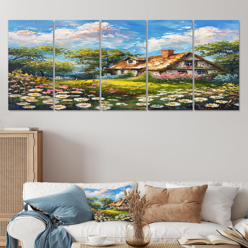 Maison rustique dans un champ de fleurs blanches - art mural paysage 5 pièces, H 28 po x l 60 po