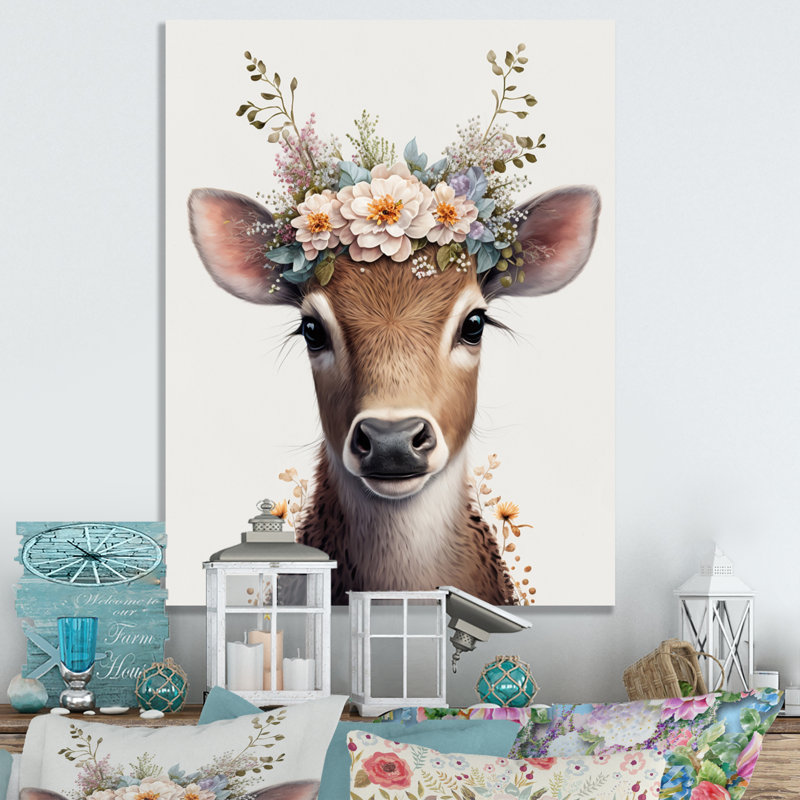 Mignon bébé vache avec couronne florale II - animaux, art mural sur toile, L 12 po x H 20 po, Toile tendue