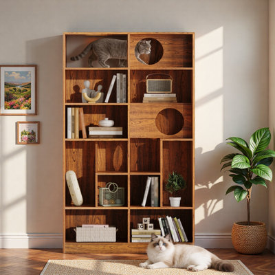 Modern Wood Bookshelf with Cat Tree