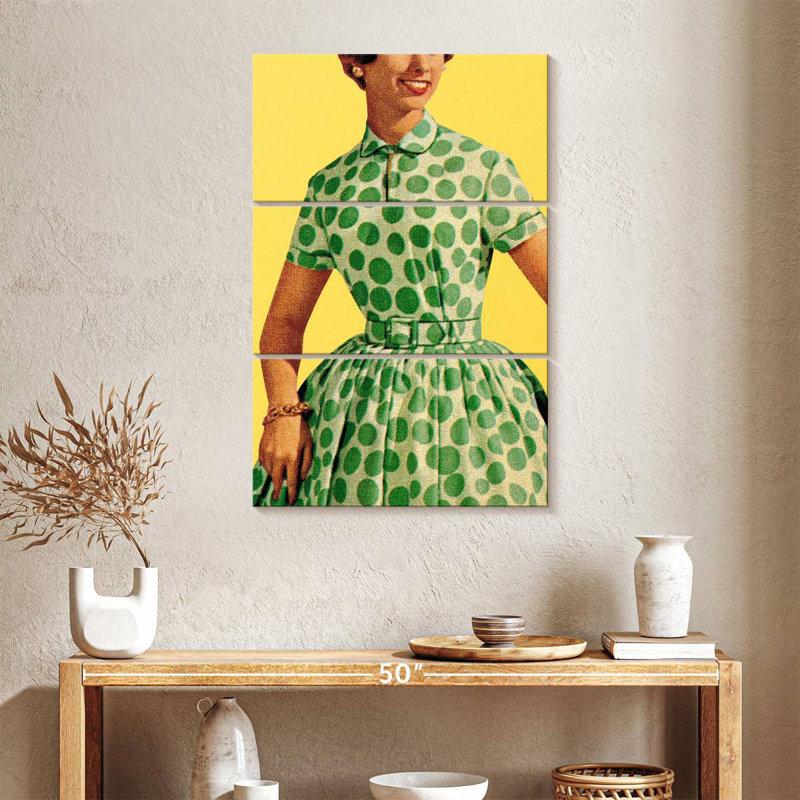 Sh Sholworth, femme en robe verte à pois, H 57 po x l 36 po