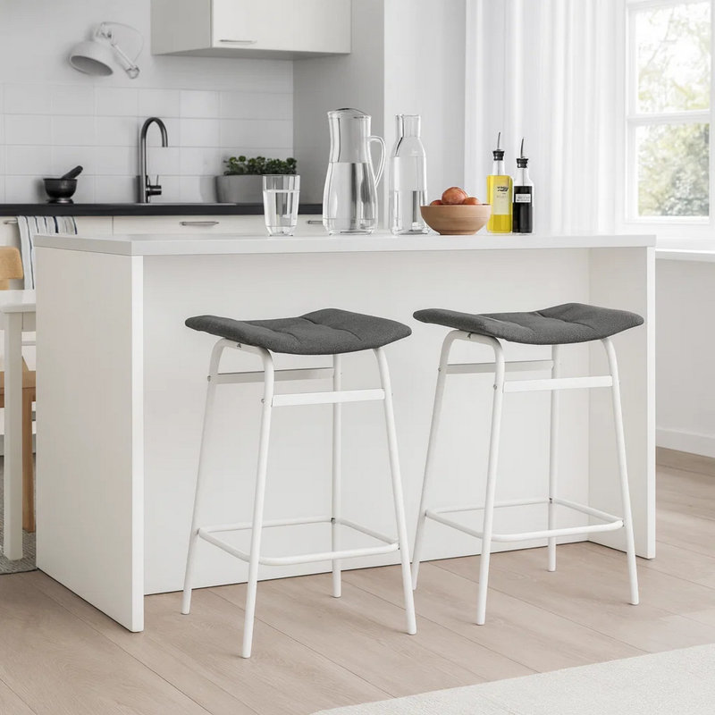 Nery Counter Height Stool Set Of 2, Gray Fabric Seat, White Metal Legs, White