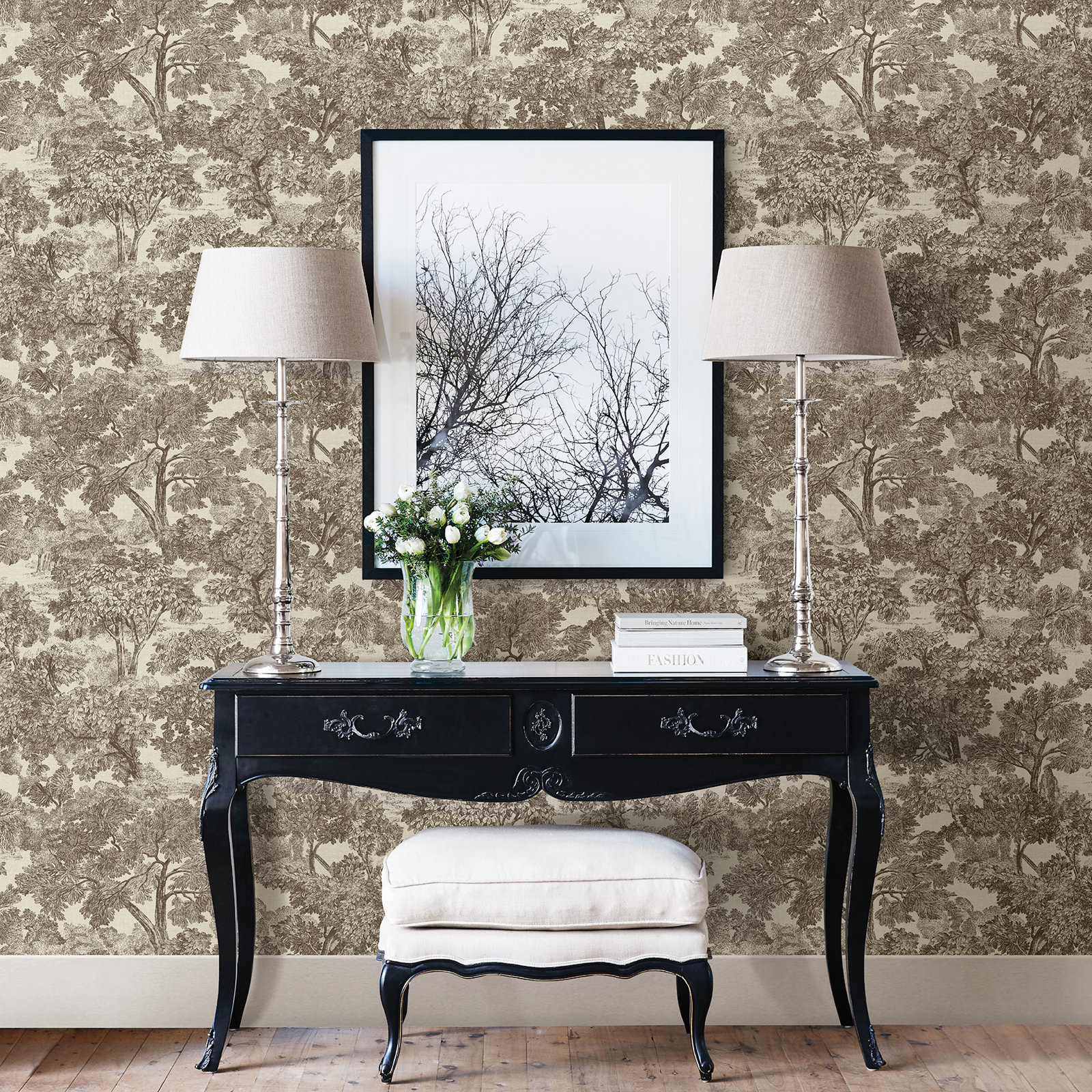 Otera Toile 33' x 20.5" Wallpaper Roll, Brown