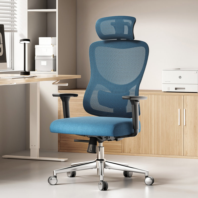 Chaise de bureau ergonomique en filet avec appui-tête réglable, Bleu