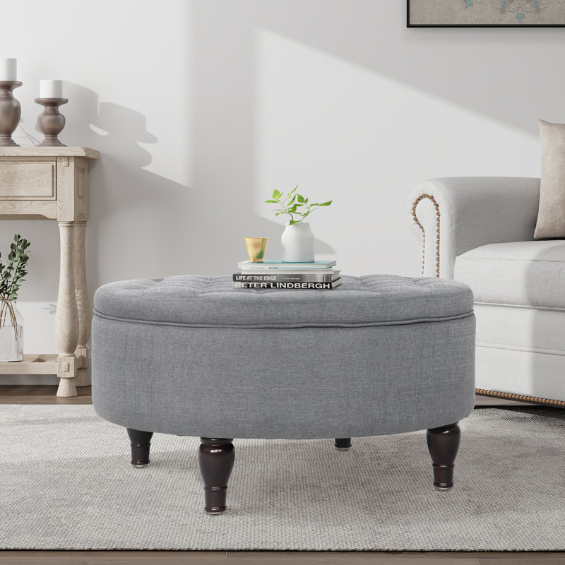 Repose-pieds de rangement rond capitonné de 32 po de largeur, 100 % lin gris