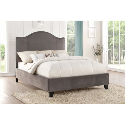 Modern Traditional Velvet Upholstered Bed With Camelback Headboard And Nailhead Trim, Solid Wood Frame, Elegant Gray Fabric