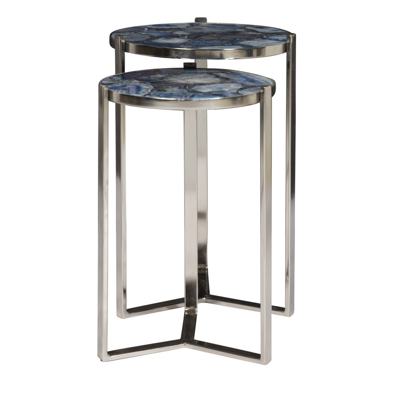 Blue Agate Gemstone Round Nesting Accent Tables
