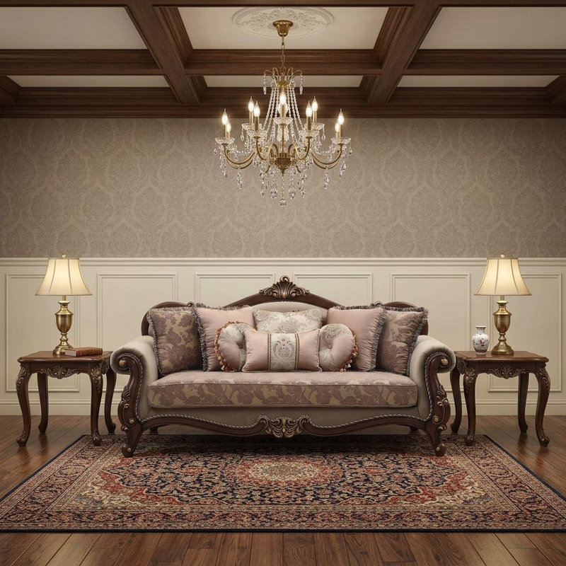 Canapé de 88 po en velours beige à motif floral avec coussins décoratifs et pattes brunes