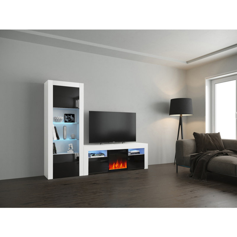 Earle Modern Entertainment Center for TVs up to 65" with Electric Fireplace Included, White/Black