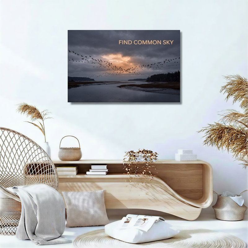Art mural sur toile «Flock of Birds Over River Marsh Under Cloudy Sky», 36"H x 48"W