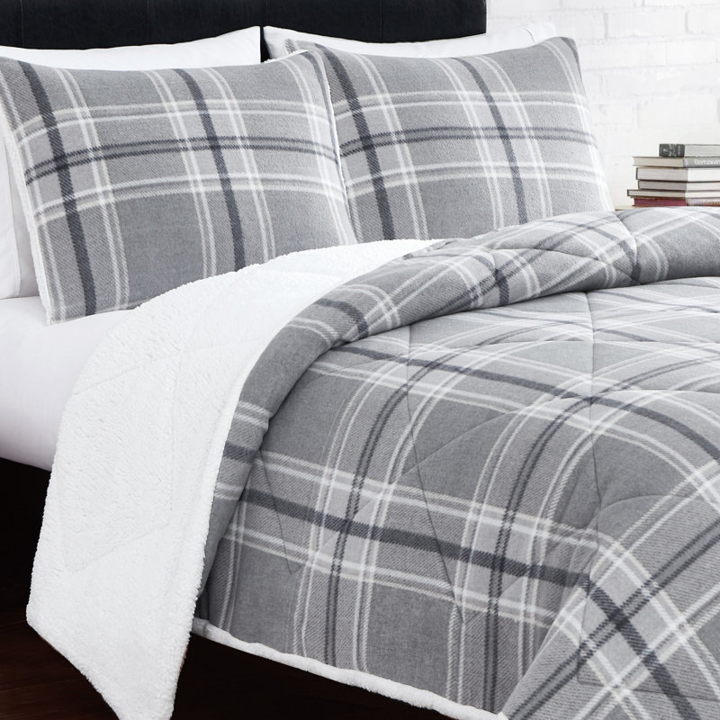 Box Stitch Plaid Comforter, King Comforter + 2 King Shams, Gray