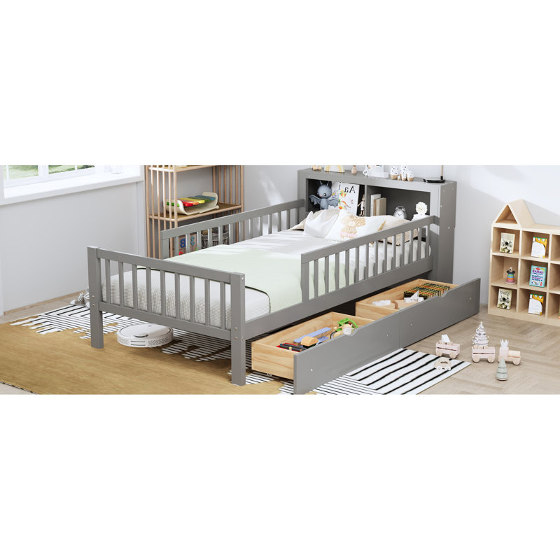 Lit simple gris avec rangement pour tête de lit et garde-corps fonctionnels - Taille élégante, pratique et efficace, Gris