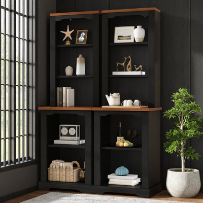 Two‑Piece Elegant Freestanding Tall Cabinet – White & Walnut, Fully Open Storage, Curved Details, Anti‑Tip Device – Modular Bookcase & Display Shelving for Living Room, Bedroom, or Hallway (41.7"W overall, 2 separate units)