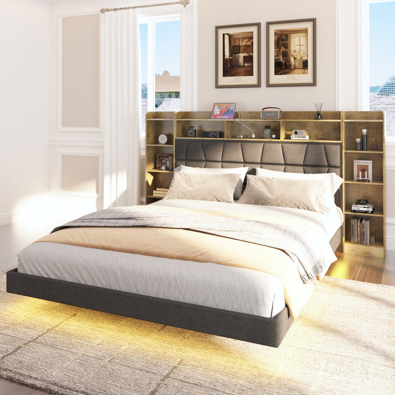 Upholstered Platform Floating Bed with Bookcase Storage Headboard