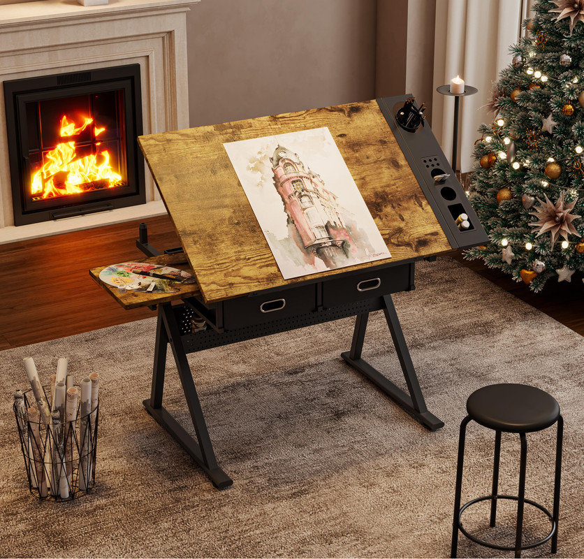 Latitude Run® Adjustable Drawing Drafting Table Desk with 2 Drawers ...